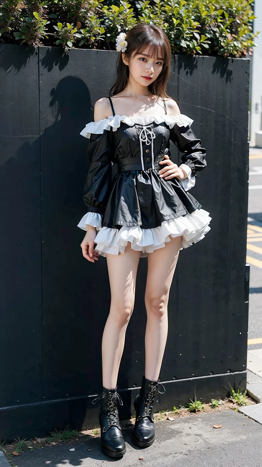 (8K、RAW Photos、Highest quality、masterpiece:1.2)、(Highest quality、Realistic)、1 Girl、((Frills、See-through、Off the shoulder、Idol Costume、tights、pink and black mini skirt、Thin legs、whole body、boots、garden、View from the front、Looking into the camera、ribbon、Stand with hands on hips))、cute