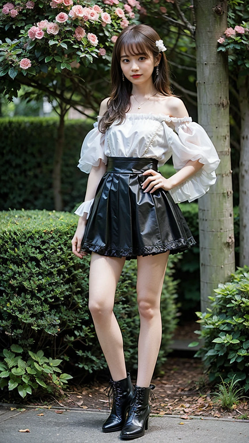 (8K、RAW Photos、Highest quality、masterpiece:1.2)、(Highest quality、Realistic)、1 Girl、((Frills、See-through、Off the shoulder、Idol Costume、tights、pink and black mini skirt、Thin legs、whole body、boots、garden、View from the front、Looking into the camera、ribbon、Stand with hands on hips))、cute