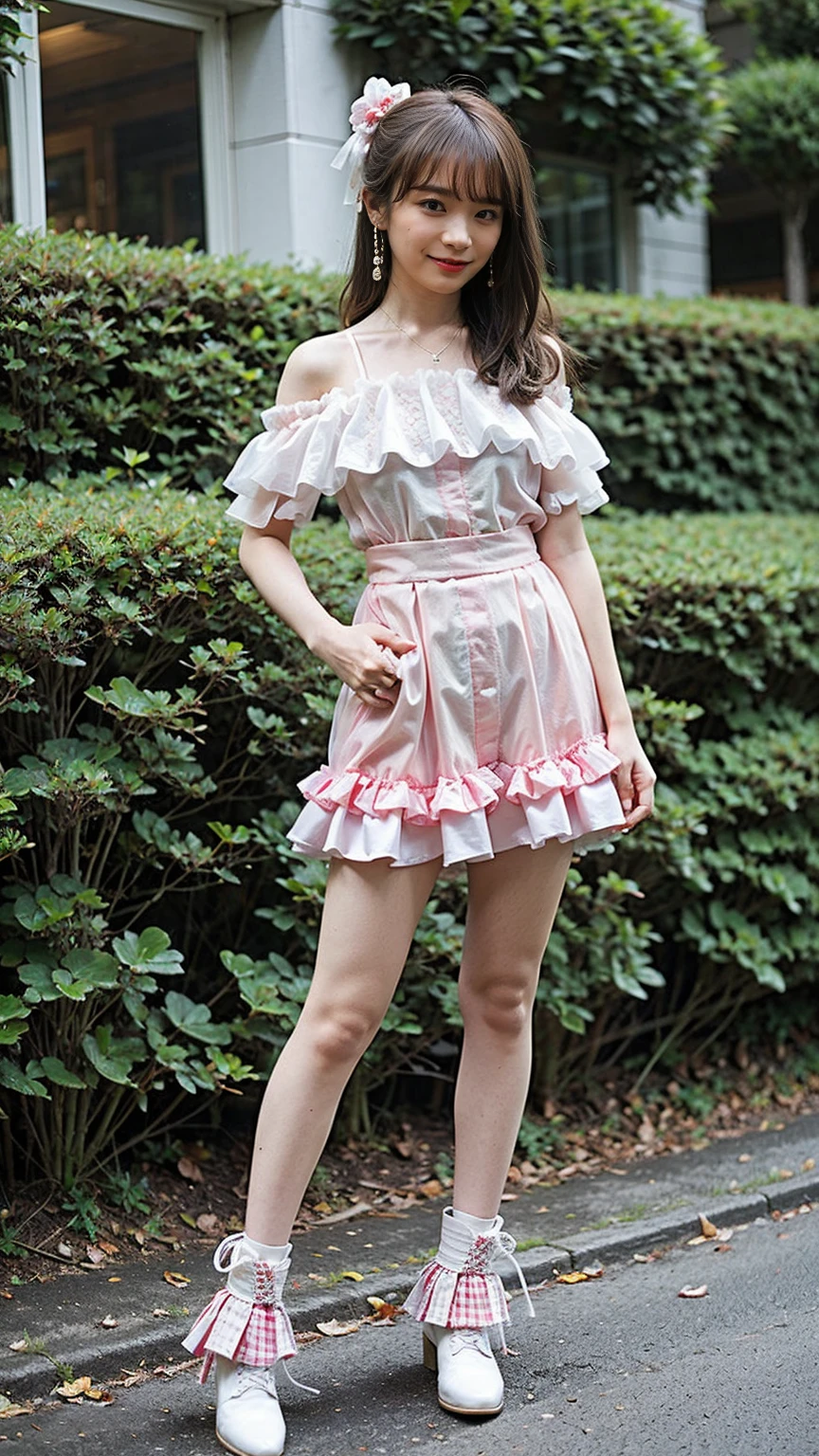 (8K、RAW Photos、Highest quality、masterpiece:1.2)、(Highest quality、Realistic)、1 Girl、((Frills、See-through、Off the shoulder、Idol Costume、tights、pink and black mini skirt、Thin legs、whole body、boots、garden、View from the front、Looking into the camera、ribbon、Stand with hands on hips))、cute