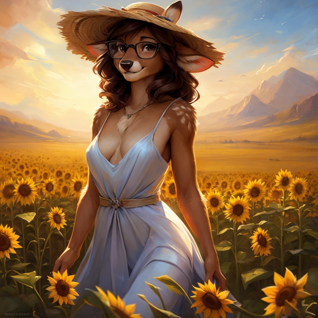 uploaded on e621, by Pixelsketcher, by Bayard Wu, by Thomas Benjamin Kennington , by Einshelm, by hioshiru and kenket, Chunie, portrait, solo anthro female deer doe, with small featureless breasts, clear dark blue, cinematic lighting, day, sunny day, sunflower field, stands in a high sunflower field, sunflower field background, sunflowers, mediterranean background, horizon background, shiny, short curly dark brown hair, wears big black nerd glasses, very very beautiful furry art, furry art, smiling, joyful, shiny, happy, feminine, cute face, muzzle, fluffy chest, flawless face, Fallow deer, 1girl, Sakimichan is beautiful, Masterpiece, Wavethesallow Face, shiny, Detailed image, portrait, Detailed image, portrait, full body, wearing pure white and wide spaghetti straps dress, wearing big and wide beige summer straw hat, shiny, realistic face, perfect anatomy, hourglass body, (furry body:1.1), anthropomorphic deer, looks at the viewer, small fluffy tail, detailed background, (cute anatomy:1.1)
