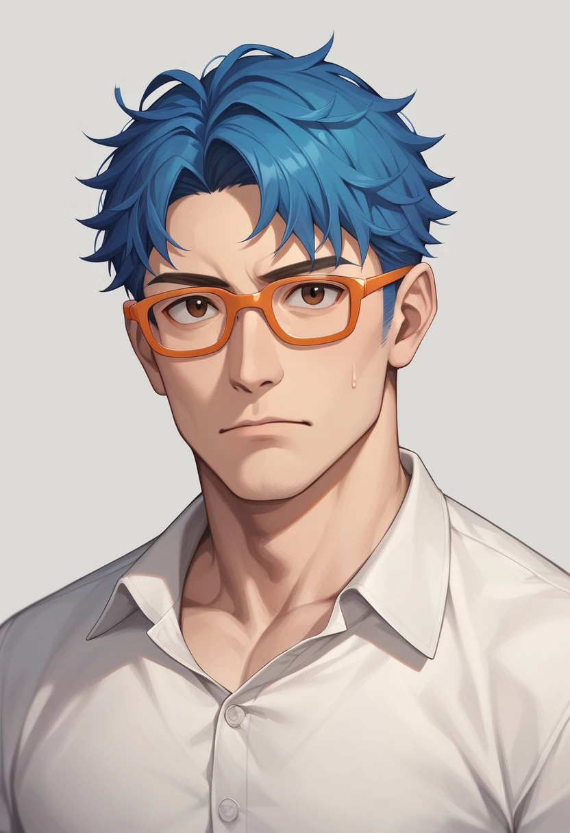 masterpiece, top quality, high quality, 1 guy, Sall, 19 year old guy with blue hair, Brown eyes, Japanese , Orange glasses, large burn on the right side of the face