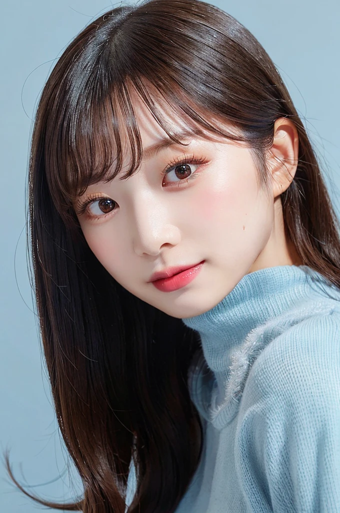 ((big laugh)), high-level image quality、20 year old Korean girl photo, raw, cute face, ((Portrait)), (dull blue background:1.4), ((Detailed face:1.2)), ((A detailed face Characterized by fine skin), pale skin, , (cold color), moist, moist, reflector stay piece) (perfectly proportions)(photos realistic)(Best Quality) photographed in a Canon EOS R5, 50mm Lens,(8K), very long upper eyelashes、Very long lower eyelashes、Detailed lashes、Curled eyelashes、eyelash perm、Beautiful lashes, Glamorous makeup、Natural eyes、Oku Duplex、very beautiful eyelashes,