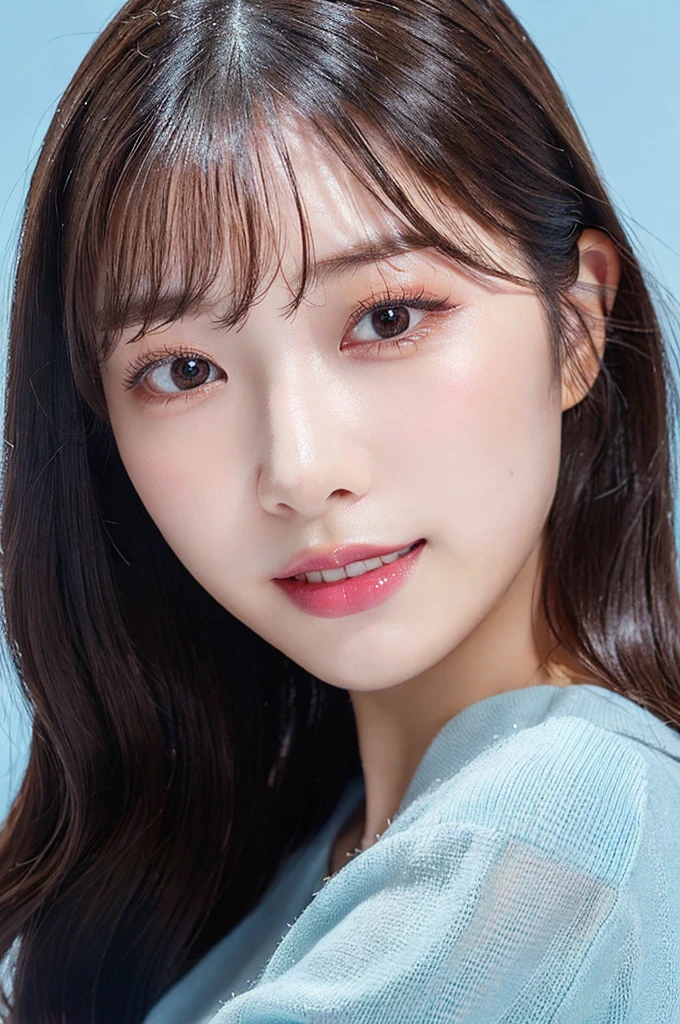 ((big laugh)), high-level image quality、20 year old Korean girl photo, raw, cute face, ((Portrait)),  (dull blue background:1.4), ((Detailed face:1.2)), ((A detailed face Characterized by fine skin), pale skin, , (cold color), moist, moist, reflector stay piece) (perfectly proportions)(photos realistic)(Best Quality) photographed in a Canon EOS R5, 50mm Lens,(8K), very long upper eyelashes、Very long lower eyelashes、Detailed lashes、Curled eyelashes、eyelash perm、Beautiful lashes, Glamorous makeup、Natural eyes、Oku Duplex、very beautiful eyelashes,