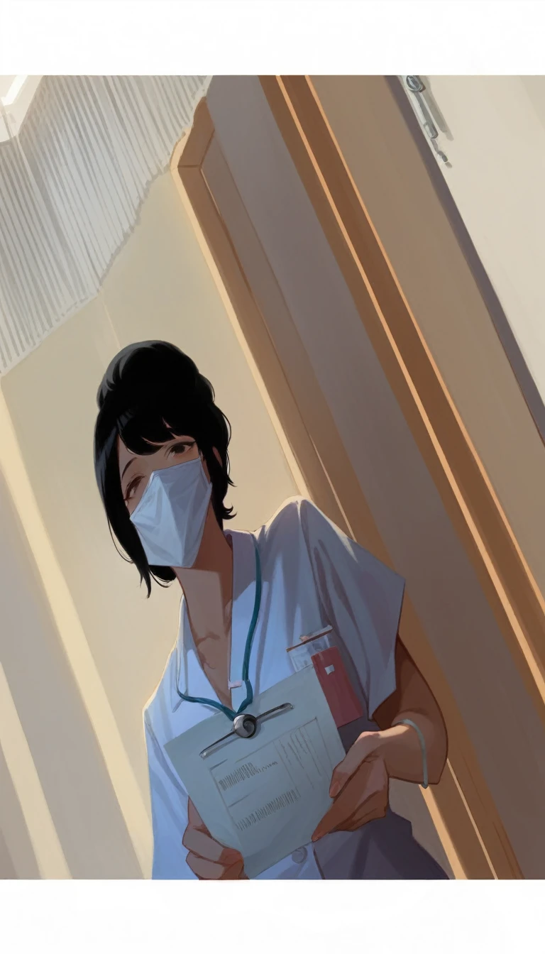 Arabian woman in a white shirt holding a piece of paper, doctor, Yoshitomo Nara, Nurse師, (doctor), Nurse師 girl, Nurse, Wearing a patient gown at the hospital, Beasts, 4k Posts, 4K Post, Happy!!!, With a stethoscope, 8K))