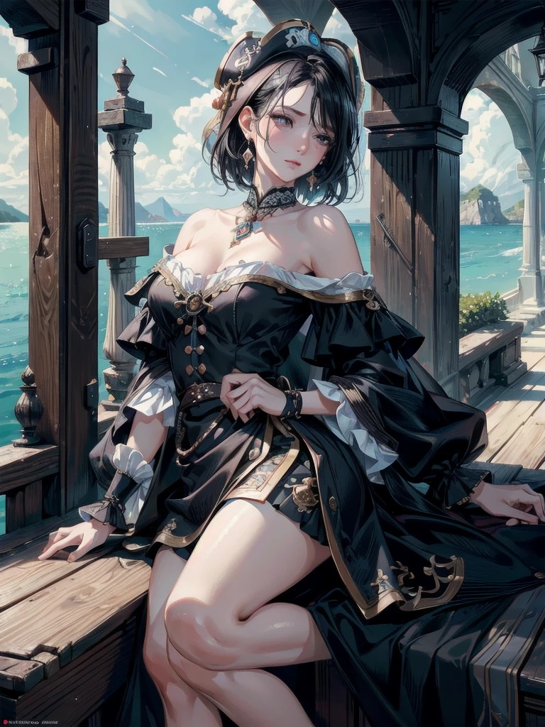 absurdres, RAW photo, extremely delicate and beautiful, masterpiece, Best Quality, ultra high resolution, 32k, hyperrealistic, ultra-detailed, delicate facial features, beautiful detailed woman, tearful mole, earring, medium breasts, full body shot, medium hair, black hair, Legendary Pirate, blouse, short skirt, off shoulder, Eroded Coastline,
