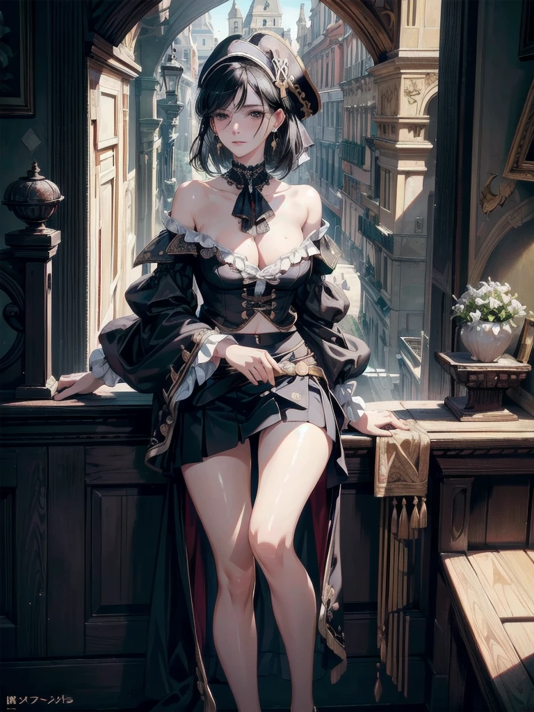 absurdres, RAW photo, extremely delicate and beautiful, masterpiece, Best Quality, ultra high resolution, 32k, hyperrealistic, ultra-detailed, delicate facial features, beautiful detailed woman, tearful mole, earring, medium breasts, full body shot, medium hair, black hair, Legendary Pirate, blouse, short skirt, off shoulder, Eroded Coastline,