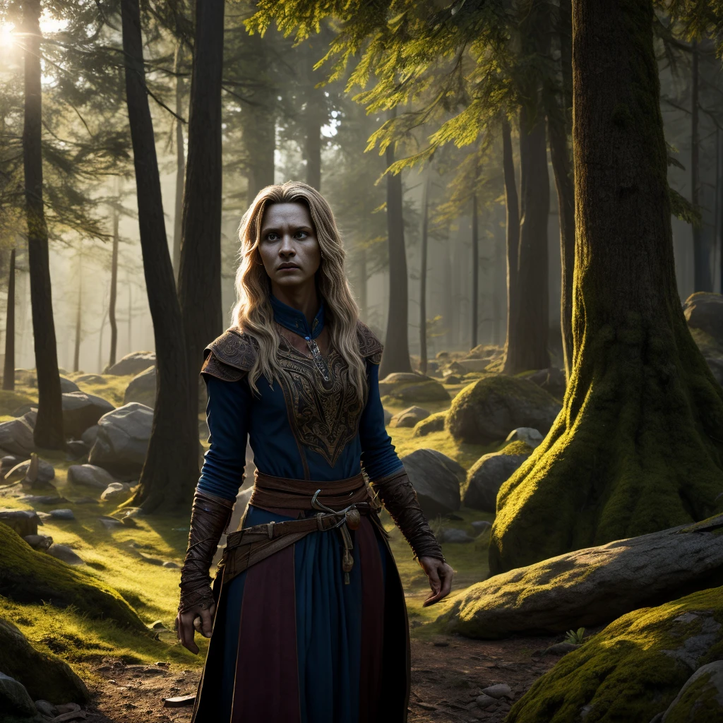 A beautiful detailed fantasy landscape, a young woman with long flowing blonde hair, piercing blue eyes, delicate facial features, wearing a green tunic and brown leather boots, standing in a lush forest clearing, holding a mystical sword, sunlight filtering through the trees, (best quality,4k,8k,highres,masterpiece:1.2),ultra-detailed,(realistic,photorealistic,photo-realistic:1.37),fantasy art,digital painting,cinematic lighting,dramatic shadows,vibrant colors,intricate details