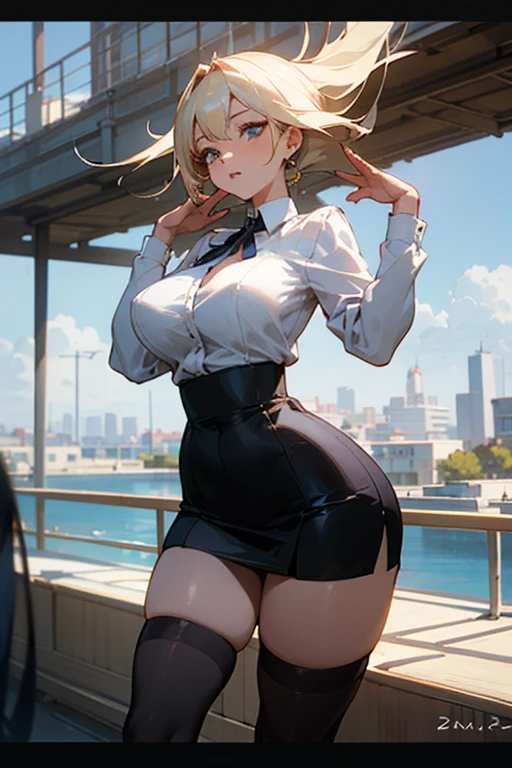 creates an anime girl with a short skirt with her hands up, 24 years old, wearing black stockings and a white blouse with a low neckline in a landscape of a luxurious apartment with wide hips and large breasts.