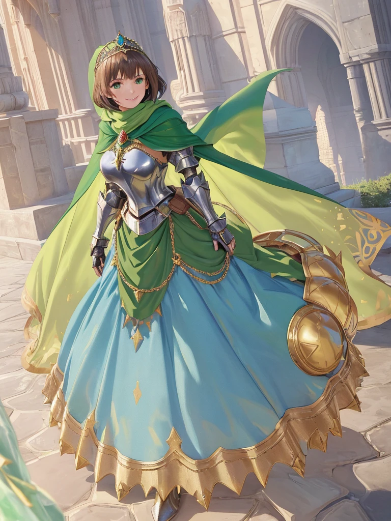 masterpiece, best quality:1.2), 1girl, smile, looking at viewer, green eyes, short brown hair, princess, armor, blue hijab headscarf, pauldrons, armored dress, green cloak cape, wearing puffy blue ballgown skirt, golden tiara with green gem, armored boots, fingerless gloves, standing in front of desert castle