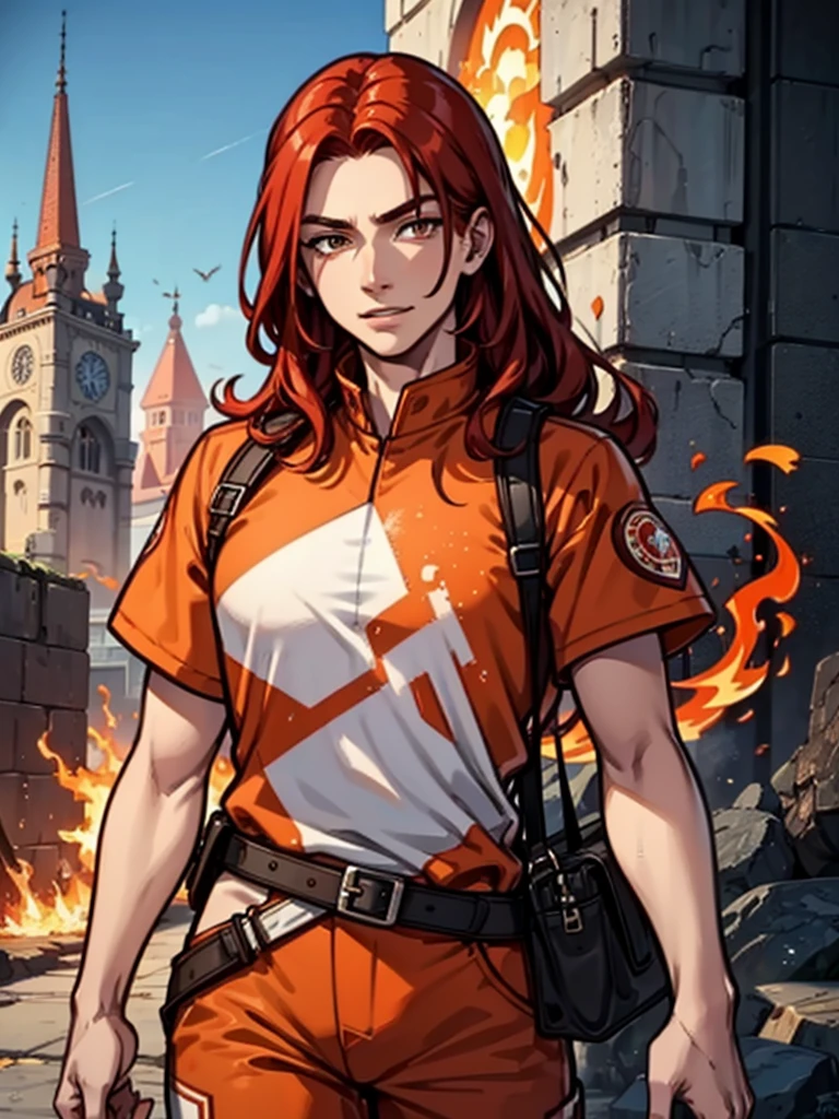 A young man，Red hair，flame，Cheerful，Sunlight，Orange clothes，brave，Fire Element，confidence，Standing，Ultra HD，Handsome，Mage