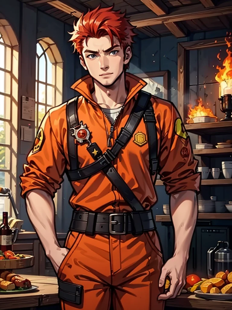 A young man,Red hair,flame,Cheerful,Sunlight,Orange clothes,brave,Fire Element,confidence,Standing,Ultra HD,Handsome,Mage