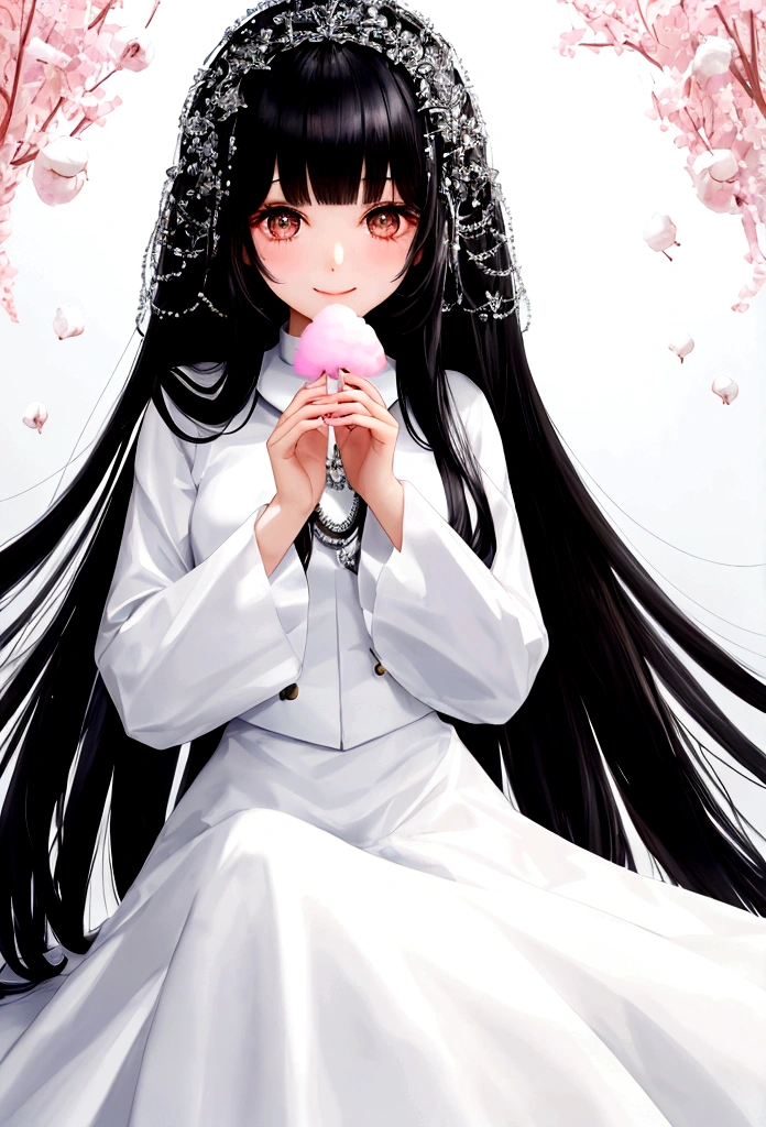 Black hair bangs、Silver eyeysterious、1 pretty girl、Dressed in a white uniform、What a lovely smile、Background is sky、Eating cotton candy