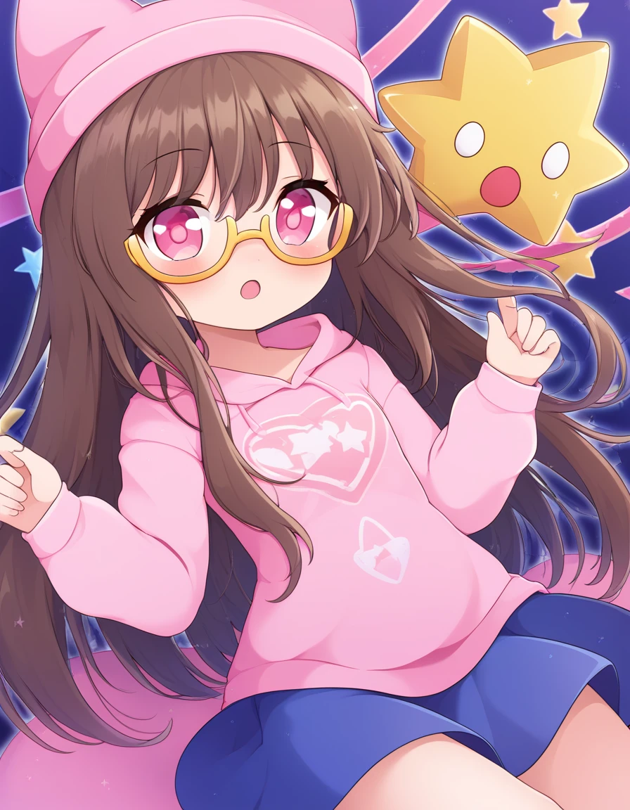 detailed youtube banner design with text "Dicky" anime style, young woman, brown long hair, pink strand, pink eyes, pink jumper, gold Crown, yellow star shaped glasses, blue skirt