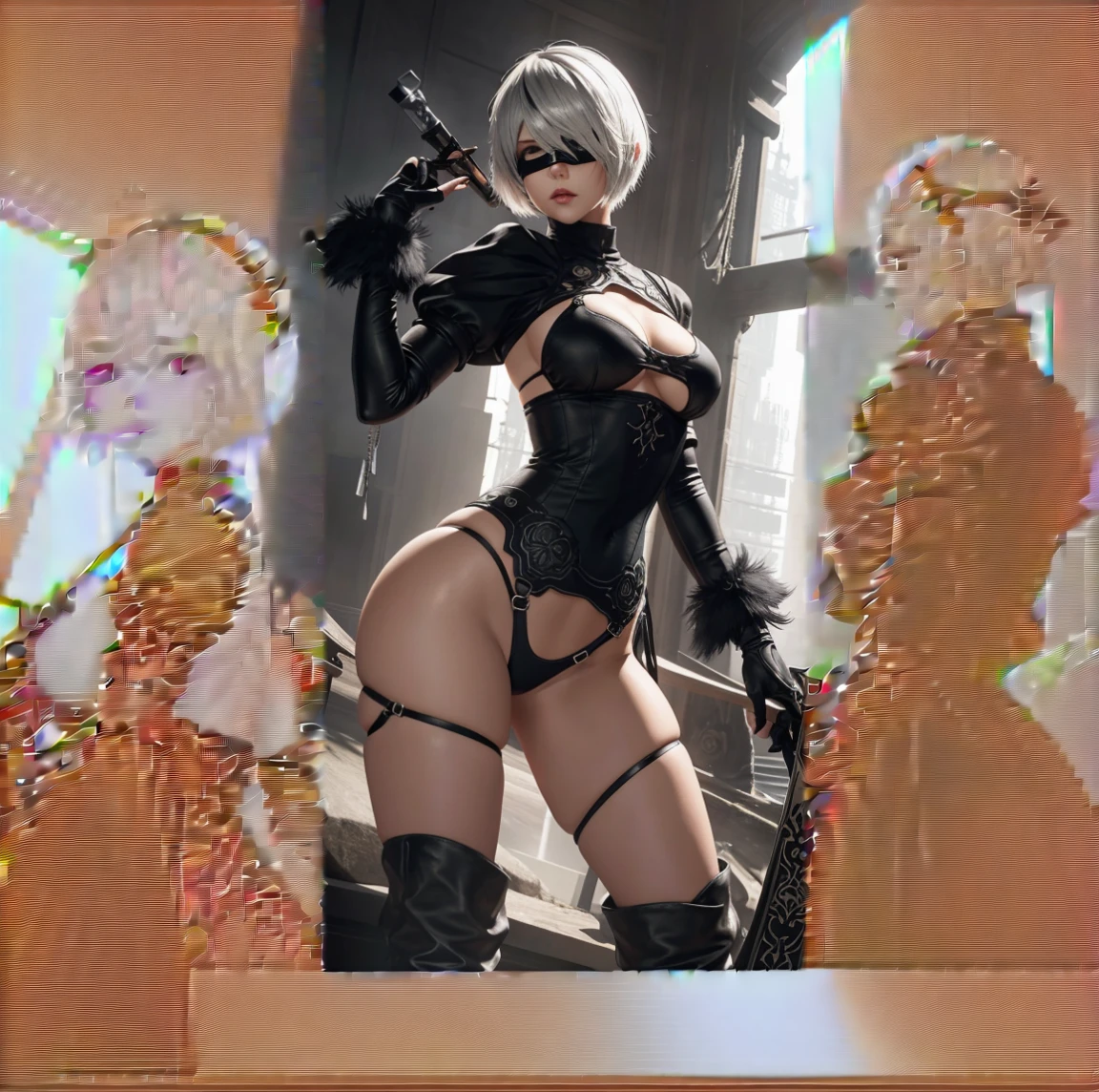 Anime girl with sword and black outfit posing for a photo、2B Nier オートマトン、Nier:Automaton Inspired、Nier オートマタ インスパイア、Nier オートマタの 2 B、Nier オートマタの 2b、2 b、Nier インスパイアー、Nier 2 b、Bad anime 8k、Nier、Female Assassin、8k high quality detailed art