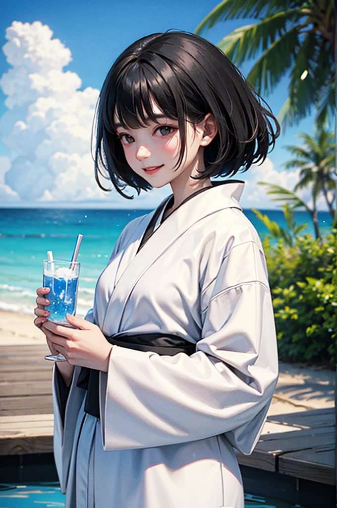 Smiling beautiful woman with black hair and white kimono drinking water under the blue sky