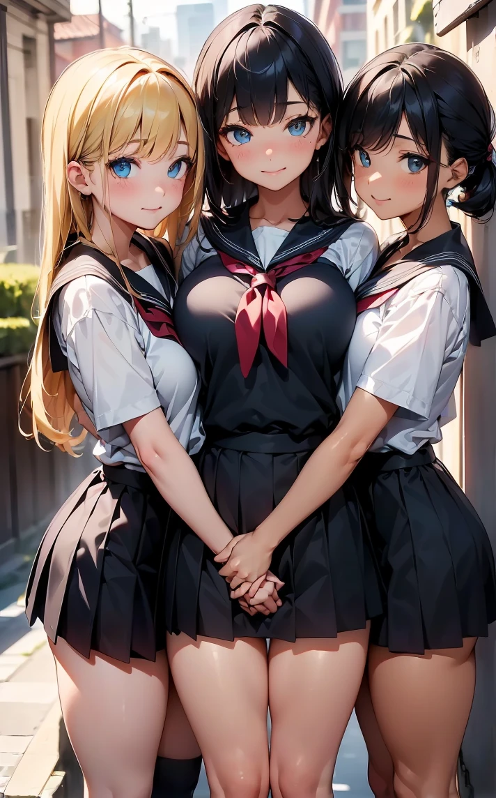 (Cute eyes:1.2), (Sparkling eyes:1.2),(Beautiful Eyes:1.2), Highest quality,wonderful,finely,Highly detailed CG Unity 8k wallpaper, (The three of them lined up and hugged:1.2),(Three people with different physiques:1.3), (Three Girls, Sailor suit, Skinny body, Dressed), (Huge breasts), (Open your mouth:1.1),(Black knee socks:1.1),(Thighs:1.3),(Waistline:1.2),(Same outfit:1.2),(From behind:1.2),(Beautiful eyes:1.2),(Different hairstyle),(All three have different eye colors)