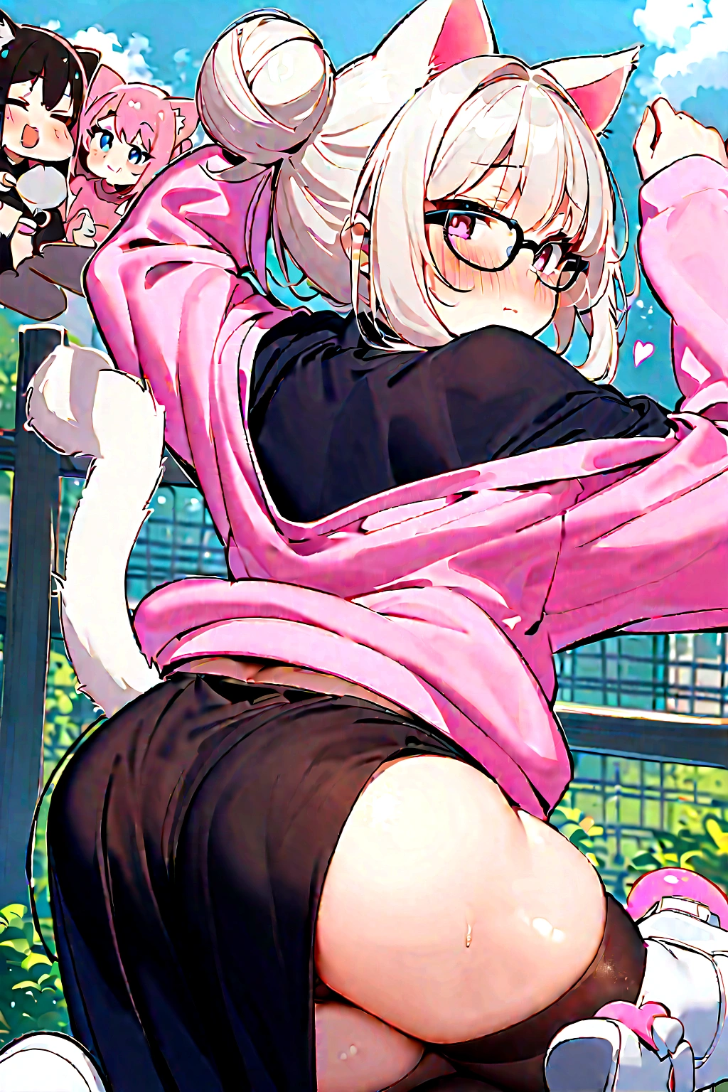 I have white pink hair, cat ears, a bun, my face is super blushing, black glasses, pink heart eyes, a big pink sweatshirt, a black skirt, black stockings, white shoes, a cat's tail, a girl. very shy I am on a fence with my back showing my butt