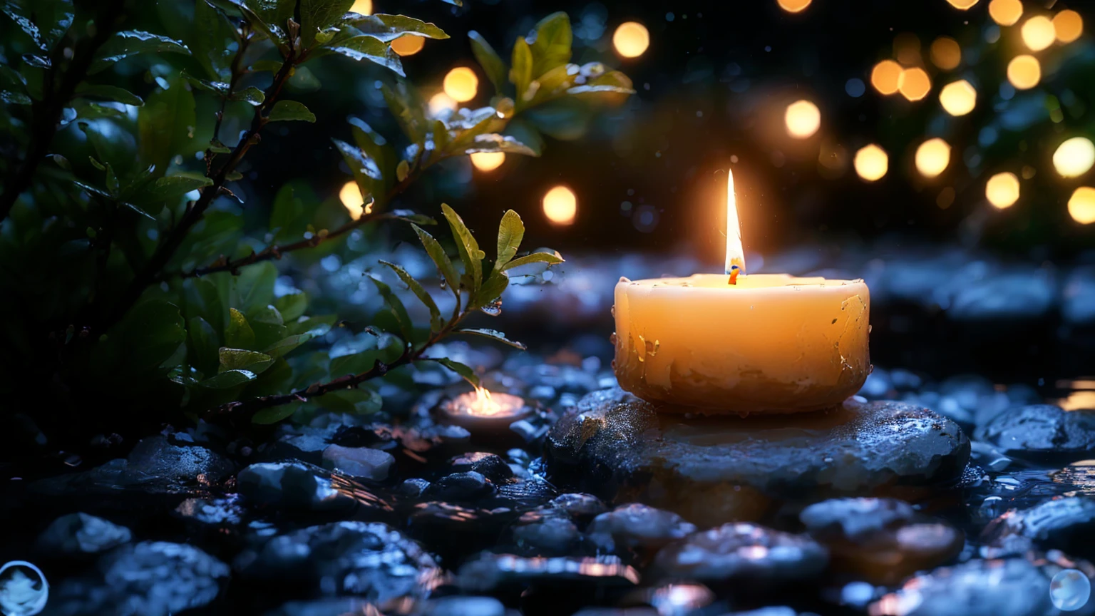 there is a lit Candles sitting on a rock in the water, Peaceful atmosphere, Candles lights, Candles light, Candles lit, Candleslit, natural Candles lighting, Night atmosphere, the Candles is on a wooden table, lit with Candless, Relaxed atmosphere, Candleslight, cozy Candleslight, glowing Candless, Beautiful atmosphere, Candles lighting, Candles lightning, Candles, Softly lit