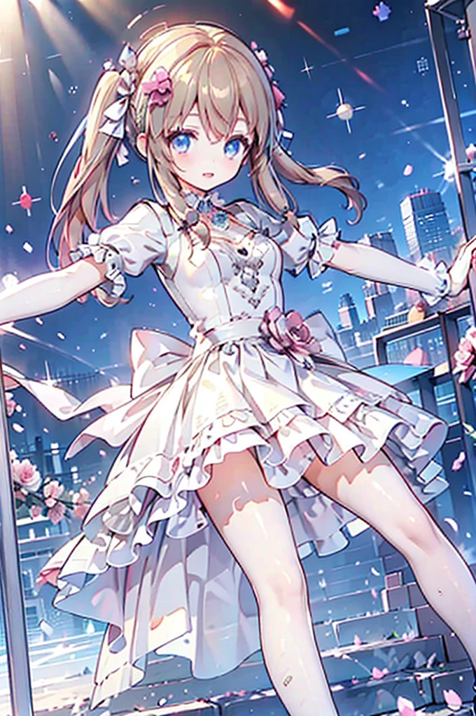 Solo girl, brown twin tails, braid hairs, blue eyes, pink princess dress, posing, anime girl, focus on hair
