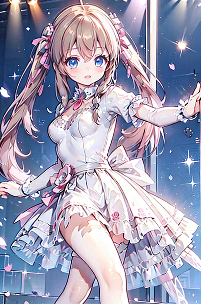 Solo girl, brown twin tails, braid hairs, blue eyes, princess dress, posing, anime girl, focus on hair, idol, dancing at the stage 