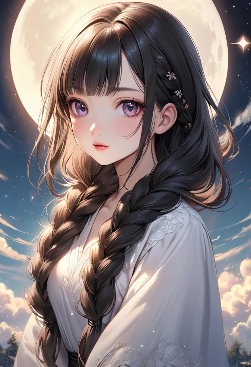 A beautiful woman with long hair wearing a white shirt, cute anime-style face, realistic anime girl, Chisato, black hair with bangs, Kurumi, cute and delicate face, young cute pale Asian face, Sakimichan, midday moon and stars in the sky, female, braid, The hair is braided, All hair braided into one braid, Braids draped over shoulders
