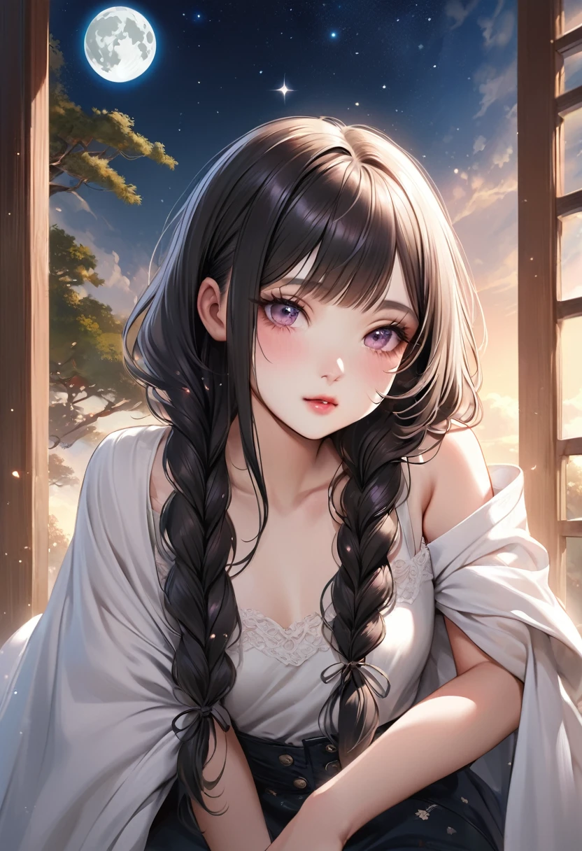 A beautiful woman with long hair wearing a white shirt, cute anime-style face, realistic anime girl, Chisato, black hair with bangs, Kurumi, cute and delicate face, young cute pale Asian face, Sakimichan, midday moon and stars in the sky, female, braid, The hair is braided, All hair braided into one braid, Braids draped over shoulders