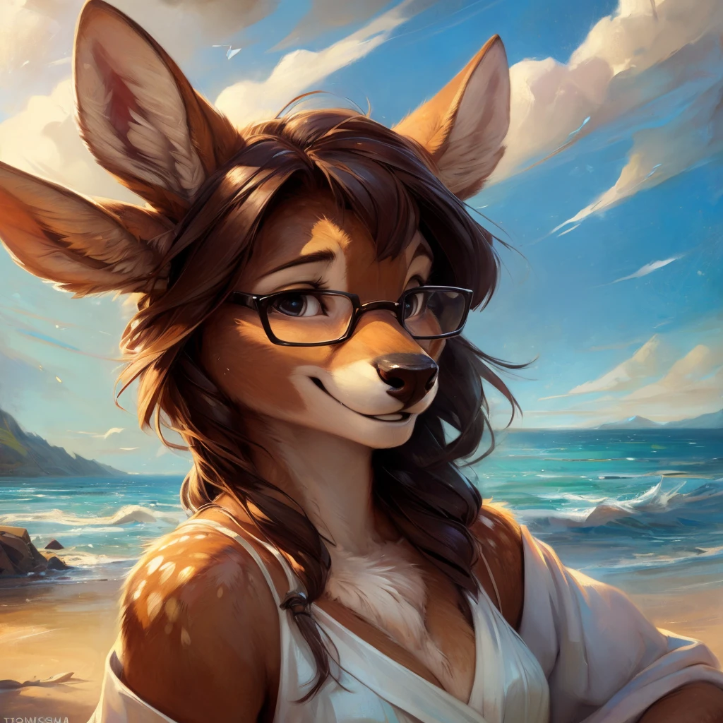 uploaded on e621, by Pixelsketcher, by Bayard Wu, by Thomas Benjamin Kennington , by Einshelm, by hioshiru and kenket, Chunie, portrait, solo anthro female deer doe, with small featureless breasts, clear dark blue, cinematic lighting, day, sunny day, beach, stays in the sea, sea background, mediterranean background, horizon background, shiny, short curly dark brown hair, wears big black nerd glasses, very very beautiful furry art, furry art, smiling, joyful, shiny, happy, feminine, cute face, muzzle, fluffy chest, flawless face, Fallow deer, 1girl, Sakimichan is beautiful, Masterpiece, Wavethesallow Face, shiny, Detailed image, portrait, Detailed image, portrait, full body, wearing wide, long, white blouse, shiny, realistic face, perfect anatomy, hourglass body, (furry body:1.1), anthropomorphic deer, small fluffy tail, detailed background, (cute anatomy:1.1), windy, smiling, very happy, happy
