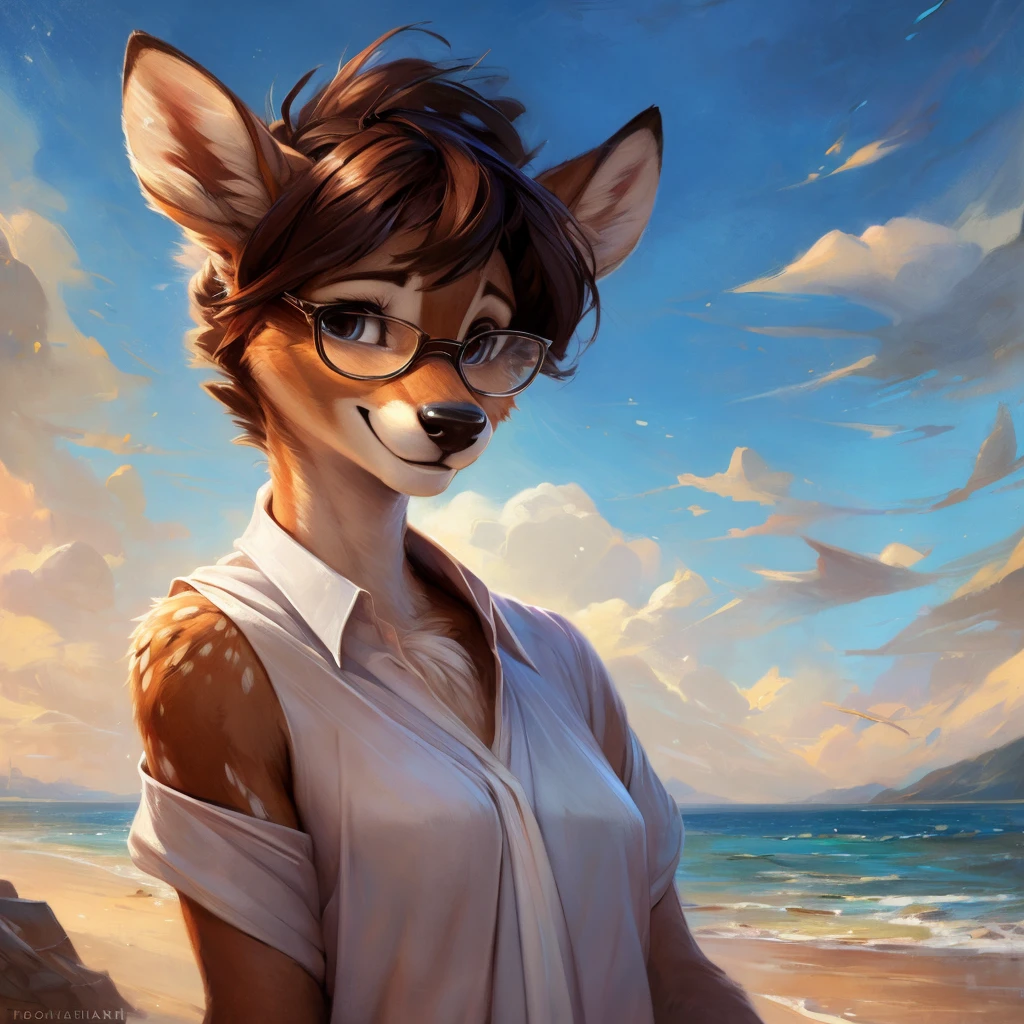 uploaded on e621, by Pixelsketcher, by Bayard Wu, by Thomas Benjamin Kennington , by Einshelm, by hioshiru and kenket, Chunie, portrait, solo anthro female deer doe, with small featureless breasts, clear dark blue, cinematic lighting, day, sunny day, beach, stays in the sea, sea background, mediterranean background, horizon background, shiny, short curly dark brown hair, wears big black nerd glasses, very very beautiful furry art, furry art, smiling, joyful, shiny, happy, feminine, cute face, muzzle, fluffy chest, flawless face, Fallow deer, 1girl, Sakimichan is beautiful, Masterpiece, Wavethesallow Face, shiny, Detailed image, portrait, Detailed image, portrait, full body, wearing wide, long, white blouse, shiny, realistic face, perfect anatomy, hourglass body, (furry body:1.1), anthropomorphic deer, small fluffy tail, detailed background, (cute anatomy:1.1), windy, smiling, very happy, happy