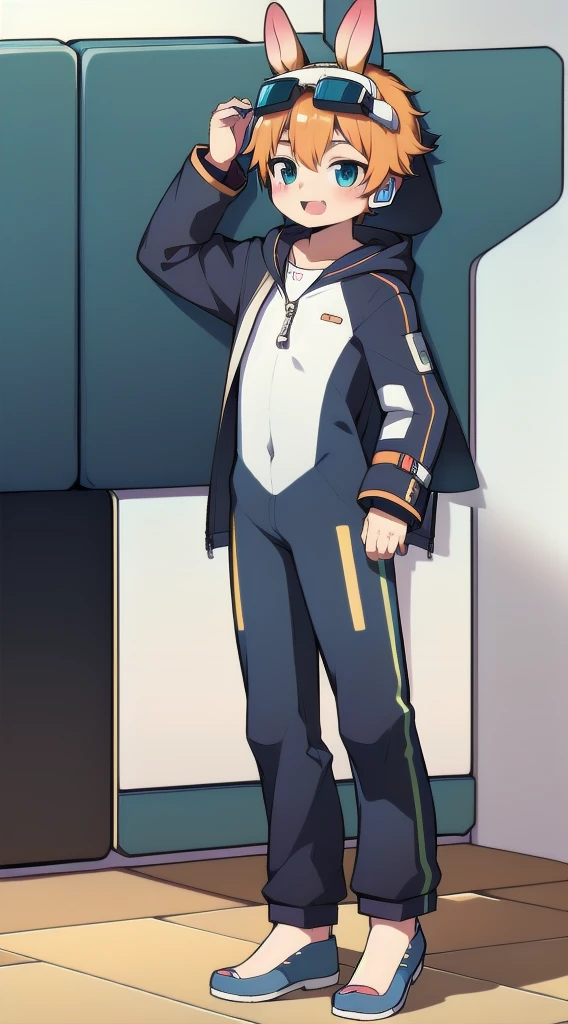 2D Shonen Shota，One-piece racing suit，Slim, healthy body，Put the headphones on your head，stand up，goggles，Rabbit ears，Happy，Sailor collar，tie，zipper，hood，coat