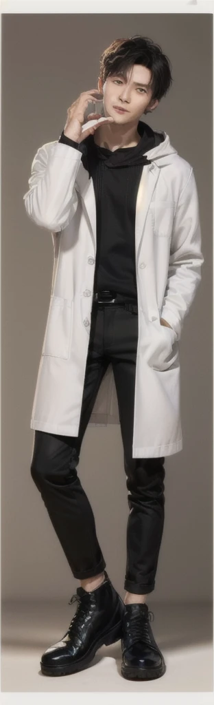 (photorealistic:1.2), (high detail face:1.3), (high detail hands:1.3), (anatomically correct hands:1.2), handsome young asian man, Japanese idol style, short clean-cut hair, ((center part)), (crisp white lab coat:1.3), ((black hoodie underneath:1.2)), (black pants:1.2), (black shoes:1.2), calm confident expression, (holding a product in right hand:1.3), (pointing with left index finger:1.3), explaining pose, plain white background, mid-shot portrait, full body view, high quality, detailed, 8K, (realistic skin texture:1.2), (sharp focus:1.1), (contrast between white coat and black clothing:1.2)