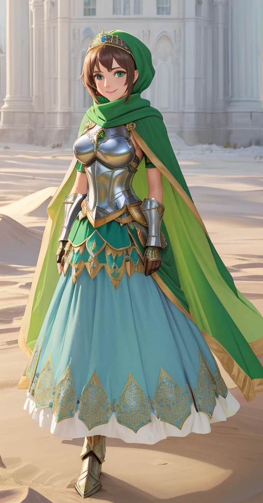 masterpiece, best quality:1.2), 1girl, smile, looking at viewer, green eyes, short brown hair, princess, armor, blue hijab headscarf, pauldrons, armored dress, green cloak cape, wearing puffy blue ballgown skirt, golden tiara with green gem, armored boots, fingerless gloves, standing in front of desert castle