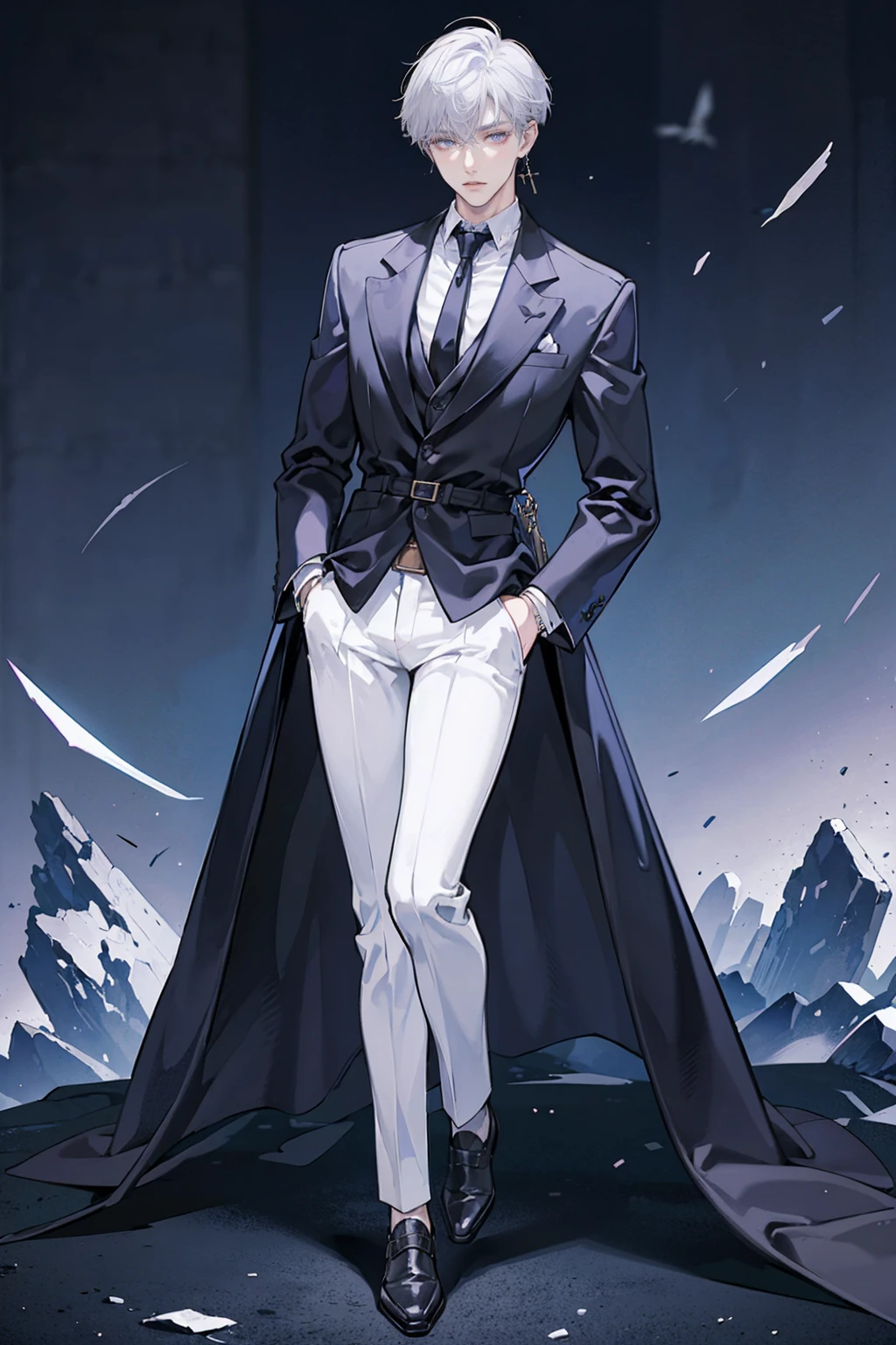 (masterpiece), best quality, seductive eyes, perfect face, handsome man, purple eyes, middle part haircut, short length white hair, black coat, grey suit, black necktie, full body, long legs, anime cover, 1boy, cross ear rings, hands in pockets