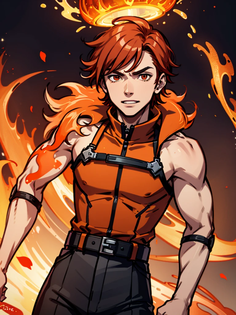 A young man,Red hair,flame,Cheerful,Sunlight,Orange clothes,brave,Fire Element,confidence,Standing,Ultra HD,Handsome,Mage