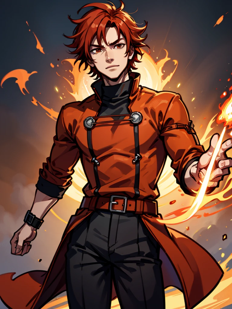 A young man,Red hair,flame,Cheerful,Sunlight,Orange clothes,brave,Fire Element,confidence,Standing,Ultra HD,Handsome,Mage