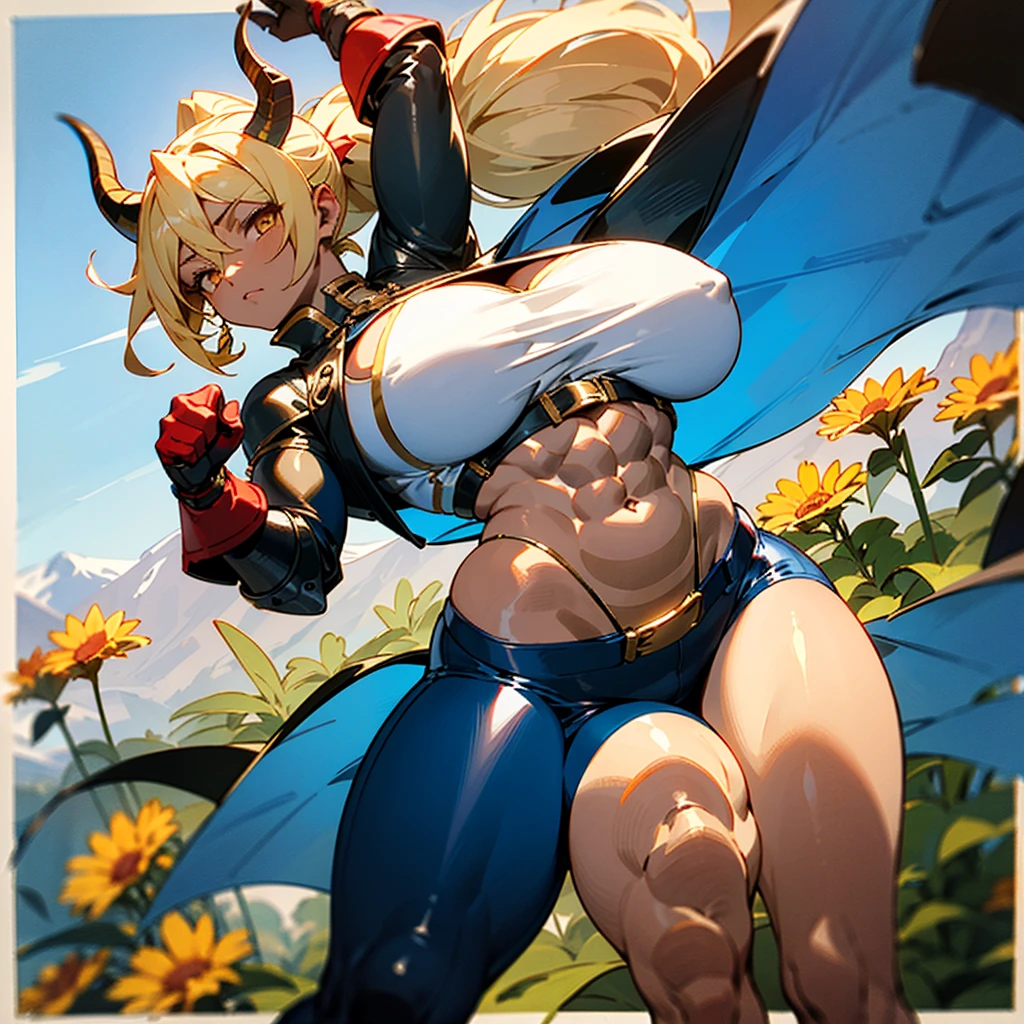 1girl, detailed ((blonde hair)), (gold eyes), ((big red horns)), {{dark skin}}, ({dark skinned female}), gigantic breasts, thick thighs, translucent blue veins on the body, strong abdominal muscles, strong leg muscles, strong arm muscles, ponytail hairstyle, wearing a blue coat with rolled up sleeves, steel belly heavy armor, leather pants, leather steel gloves, wide a leather belt with gold yarn walks through a flower meadow against the backdrop of distant high mountains,