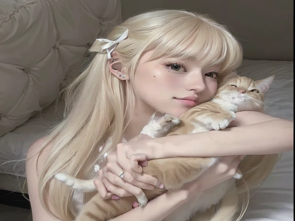 blond haired Chica holding a gato in her arms, very beautiful cute gatoChica, beautiful young gatoChica, blanco gato Chica, attractive gato Chica, blanco ( gato ) Chica, beautiful anime gatoChica, long blanco hair and bangs, very beautiful anime gato Chica, with blanco long hair, Chica with gato ears, anime Chica in real life, anime Chica with gato ears