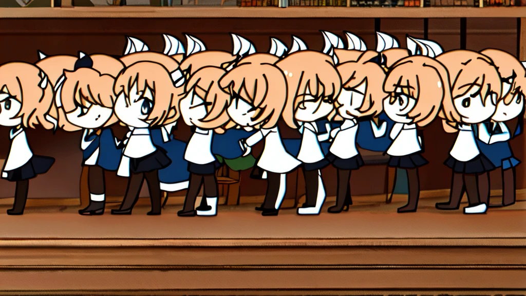masterpiece, Highest quality, High resolution, 10+girl, crowd, Identical twin sisters, clone, An orderly line of sisters, An orderly line of sisters, Sisters in a row, uniform, Matching outfits, Long Hair, Curly Hair, ponytail, Matching hairstyle, Hazel Eyes, Brown Hair, Black tie, Blue Ribbon, Brown Skirt, salute, smile, indoor, Group shot, whole body, Panty shot, Black high heels