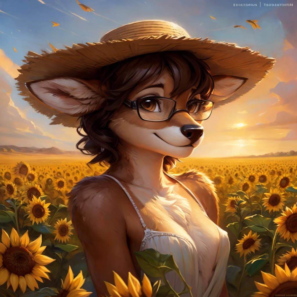 uploaded on e621, by Pixelsketcher, by Bayard Wu, by Thomas Benjamin Kennington , by Einshelm, by hioshiru and kenket, Chunie, portrait, solo anthro female deer doe, with small featureless breasts, clear dark blue, cinematic lighting, day, sunny day, sunflower field, stands in a high sunflower field, sunflower field background, sunflowers, mediterranean background, horizon background, shiny, short curly dark brown hair, wears big black nerd glasses, very very beautiful furry art, furry art, smiling, joyful, shiny, happy, feminine, cute face, muzzle, fluffy chest, flawless face, Fallow deer, 1girl, Sakimichan is beautiful, Masterpiece, Wavethesallow Face, shiny, Detailed image, portrait, Detailed image, portrait, full body, wearing pure white and wide spaghetti straps dress, wearing big and wide beige summer straw hat, shiny, realistic face, perfect anatomy, hourglass body, (furry body:1.1), anthropomorphic deer, looks at the viewer, small fluffy tail, detailed background, (cute anatomy:1.1)