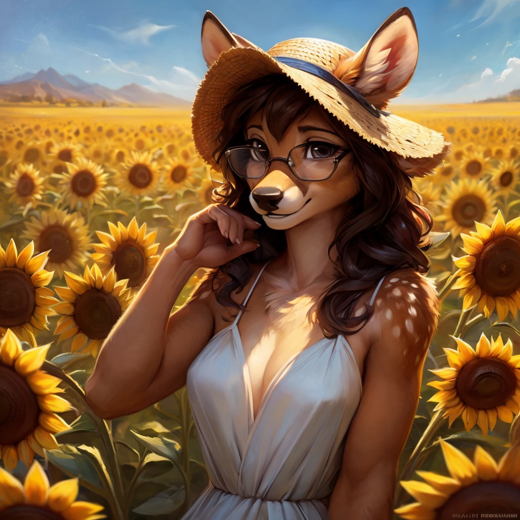 uploaded on e621, by Pixelsketcher, by Bayard Wu, by Thomas Benjamin Kennington , by Einshelm, by hioshiru and kenket, Chunie, portrait, solo anthro female deer doe, with small featureless breasts, clear dark blue, cinematic lighting, day, sunny day, sunflower field, stands in a high sunflower field, sunflower field background, sunflowers, mediterranean background, horizon background, shiny, short curly dark brown hair, wears big black nerd glasses, very very beautiful furry art, furry art, smiling, joyful, shiny, happy, feminine, cute face, muzzle, fluffy chest, flawless face, Fallow deer, 1girl, Sakimichan is beautiful, Masterpiece, Wavethesallow Face, shiny, Detailed image, portrait, Detailed image, portrait, full body, wearing pure white and wide spaghetti straps dress, wearing big and wide beige summer straw hat, shiny, realistic face, perfect anatomy, hourglass body, (furry body:1.1), anthropomorphic deer, looks at the viewer, small fluffy tail, detailed background, (cute anatomy:1.1)