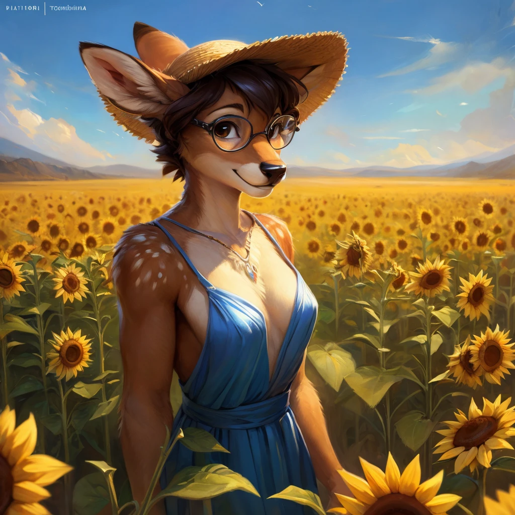 uploaded on e621, by Pixelsketcher, by Bayard Wu, by Thomas Benjamin Kennington , by Einshelm, by hioshiru and kenket, Chunie, portrait, solo anthro female deer doe, with small featureless breasts, clear dark blue, cinematic lighting, day, sunny day, sunflower field, stands in a high sunflower field, sunflower field background, sunflowers, mediterranean background, horizon background, shiny, short curly dark brown hair, wears big black nerd glasses, very very beautiful furry art, furry art, smiling, joyful, shiny, happy, feminine, cute face, muzzle, fluffy chest, flawless face, Fallow deer, 1girl, Sakimichan is beautiful, Masterpiece, Wavethesallow Face, shiny, Detailed image, portrait, Detailed image, portrait, full body, wearing pure white and wide spaghetti straps dress, wearing big and wide beige summer straw hat, shiny, realistic face, perfect anatomy, hourglass body, (furry body:1.1), anthropomorphic deer, looks at the viewer, small fluffy tail, detailed background, (cute anatomy:1.1)