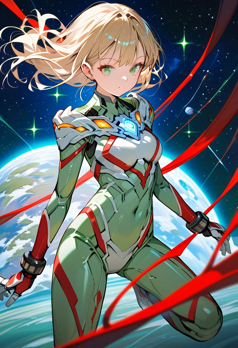 (best quality),female,Sala,original,blonde hair ,green eyes,(((silver bodysuit))),red stripes,ultragirl,space background,ultra-detailed,sharp focus,aesthetic, score_9, score_8_up, score_7_up,source_anime,