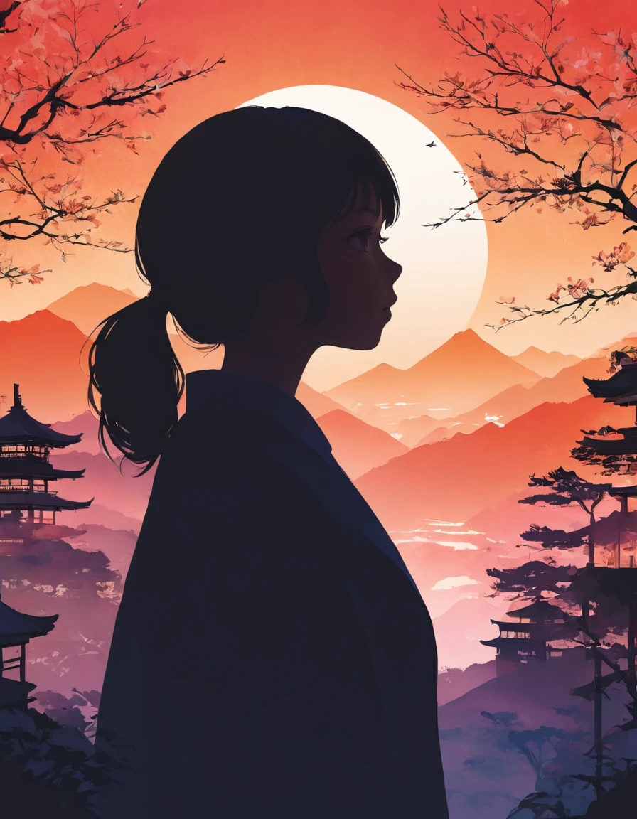 Silhouette of a girl, Lots of Japanese scenery , Modern Japanese Landscape, close, Double Exposure, Please make the background a single color gradient.、