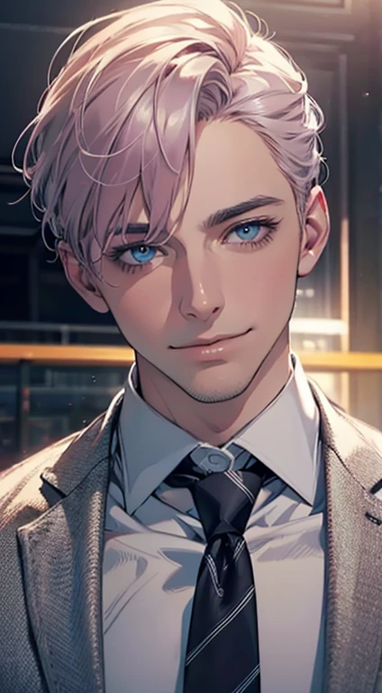 (Highest quality,4K,8K,High resolution,masterpiece:1.2),Super detailed,(Realistic,photoRealistic,photo-Realistic:1.37),1 person,31 years old,Mature Men,Beautiful skin、very handsome,Expressionless,smile,Short gray pink hair,blue eyes,Sharp Eyes,A perfect face without a doubt,Businessman,Office Background,Cinema Lighting,HDR image,tie、
