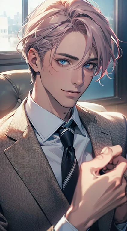 (Highest quality,4K,8K,High resolution,masterpiece:1.2),Super detailed,(Realistic,photoRealistic,photo-Realistic:1.37),1 person,31 years old,Mature Men,Beautiful skin、very handsome,Expressionless,smile,Short gray pink hair,blue eyes,Sharp Eyes,A perfect face without a doubt,Businessman,Office Background,Cinema Lighting,HDR image,tie、