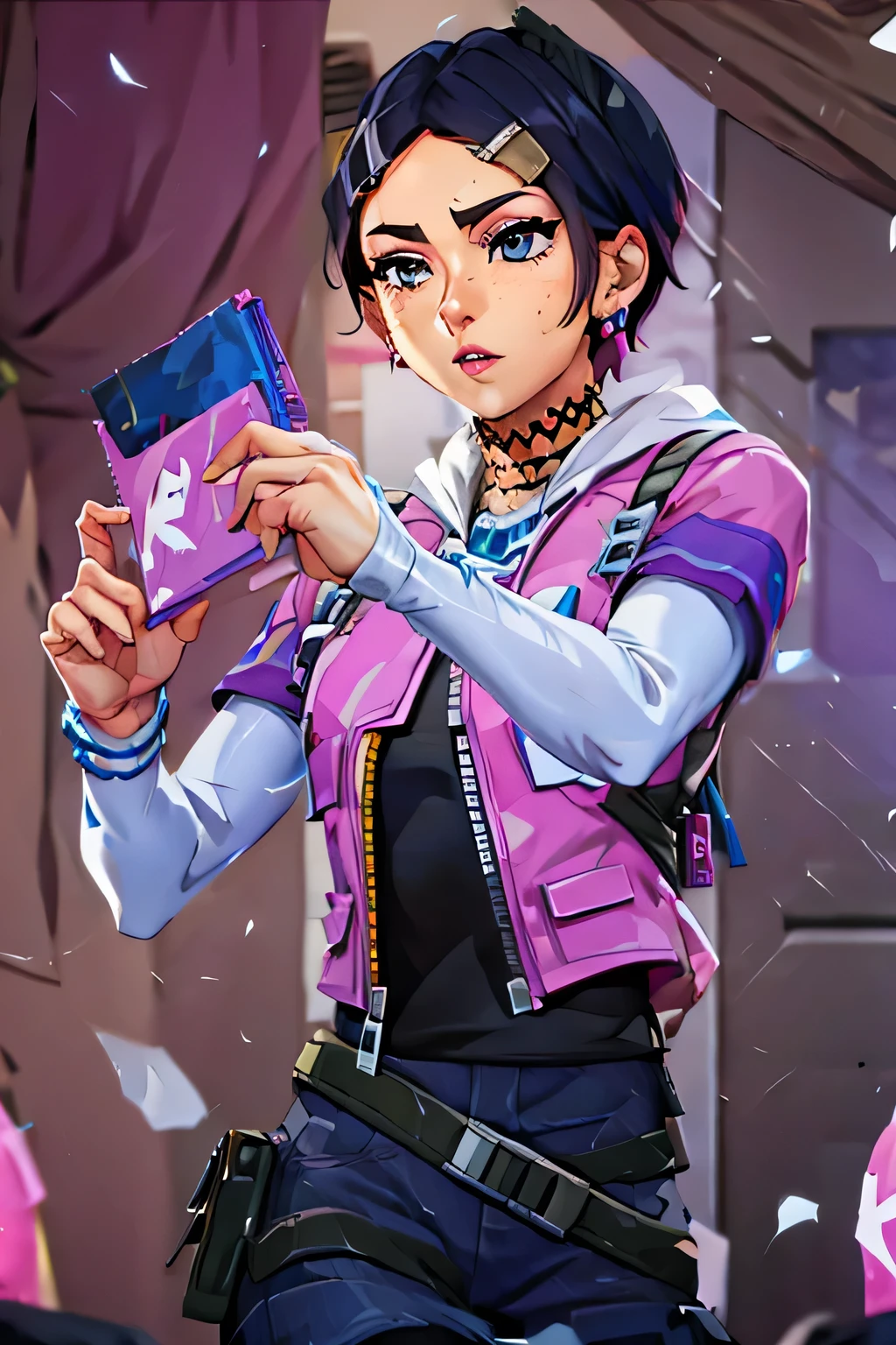 arte the fan, Handmade drawing, pencil, simple stroke, animated style, rosa and black hair, Masterpiece, rosa, beautiful, video game style, details, Valuing, clove Valuing
