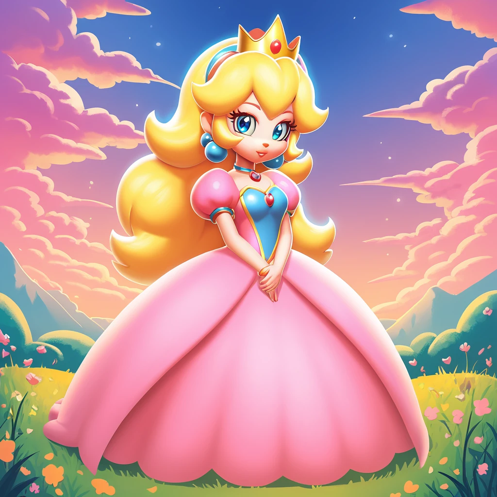 super fluffy Princess Peach in dreamworks art style, evening background