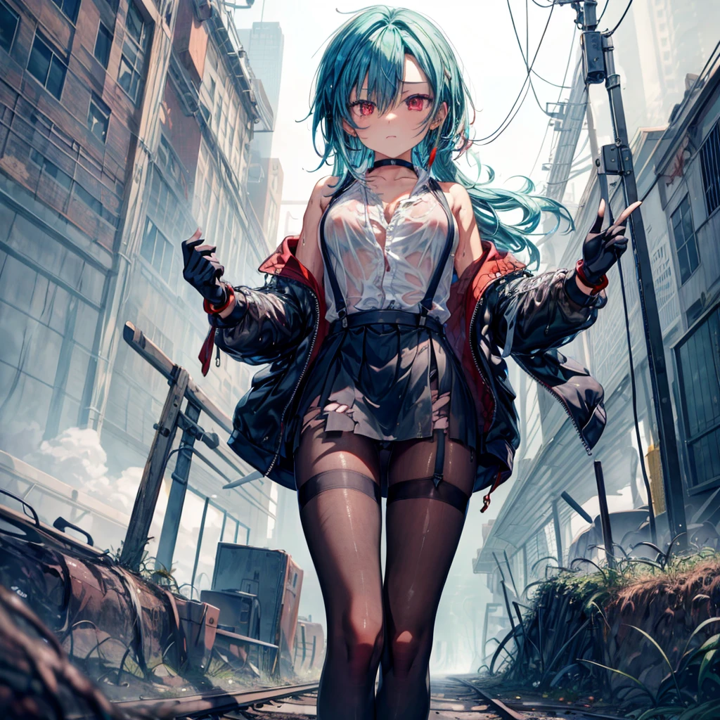 ((Highest quality)), ((masterpiece)), ((detailed)), (4K), 1girl, 独奏, long hair, indigoblue hair, red eyes, shirt, blackl eather jacket, large breasts, Torn miniskirt, suspender skirt, torn pantyhose, panties under pantyhose, choker, bracelet, (rain), ((wet)), gloves, see through, (expressionless), scowl, (from below), (looking down), looking at viewer, (open legs), wasteland, railroad tracks