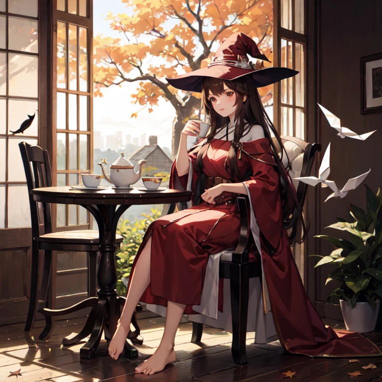 1 girl in long crimson dress, long brown hair, dark eyes, Drinking tea, under a big autumn tree, leather belts on his waist, height 1.89 cm, white paper birds around you(origami), whole body, witch, sitting in a white high chair, barefoot