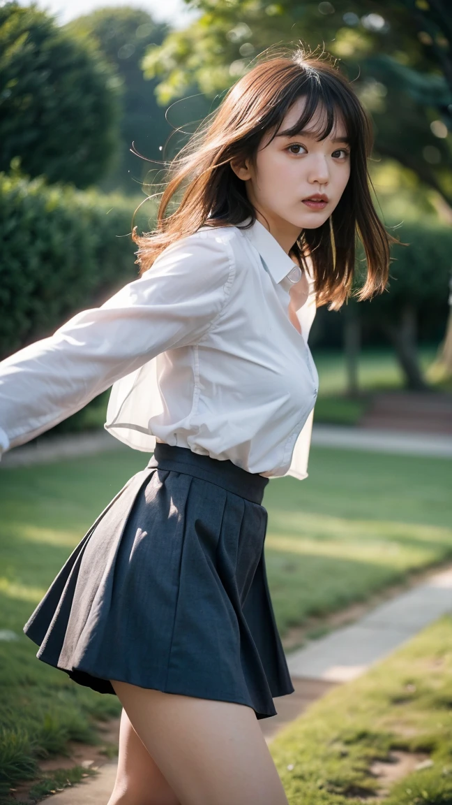 ((Extremely precise and accurate anatomy)), (((Low angle shooting、Looking into the camera:1.22,Leaning forward、Open shirt、No underwear)))、(((8K、Highest quality、masterpiece、Ultra-high resolution)))、(Realistic:1.4)、RAW Photos、(Real skin texture:1.3)、(Film Grain:1.3)、((Are standing、Skirt flutters in strong winds、Under the skirt、Do not bend your legs、don't bend your knees、Spread your thighs、Beachside、))、One Girl、Beautiful and detailed eyes and face、masterpiece、Highest quality、close、thin、Japanese Uniform、dynamic、barefoot、Various poses、