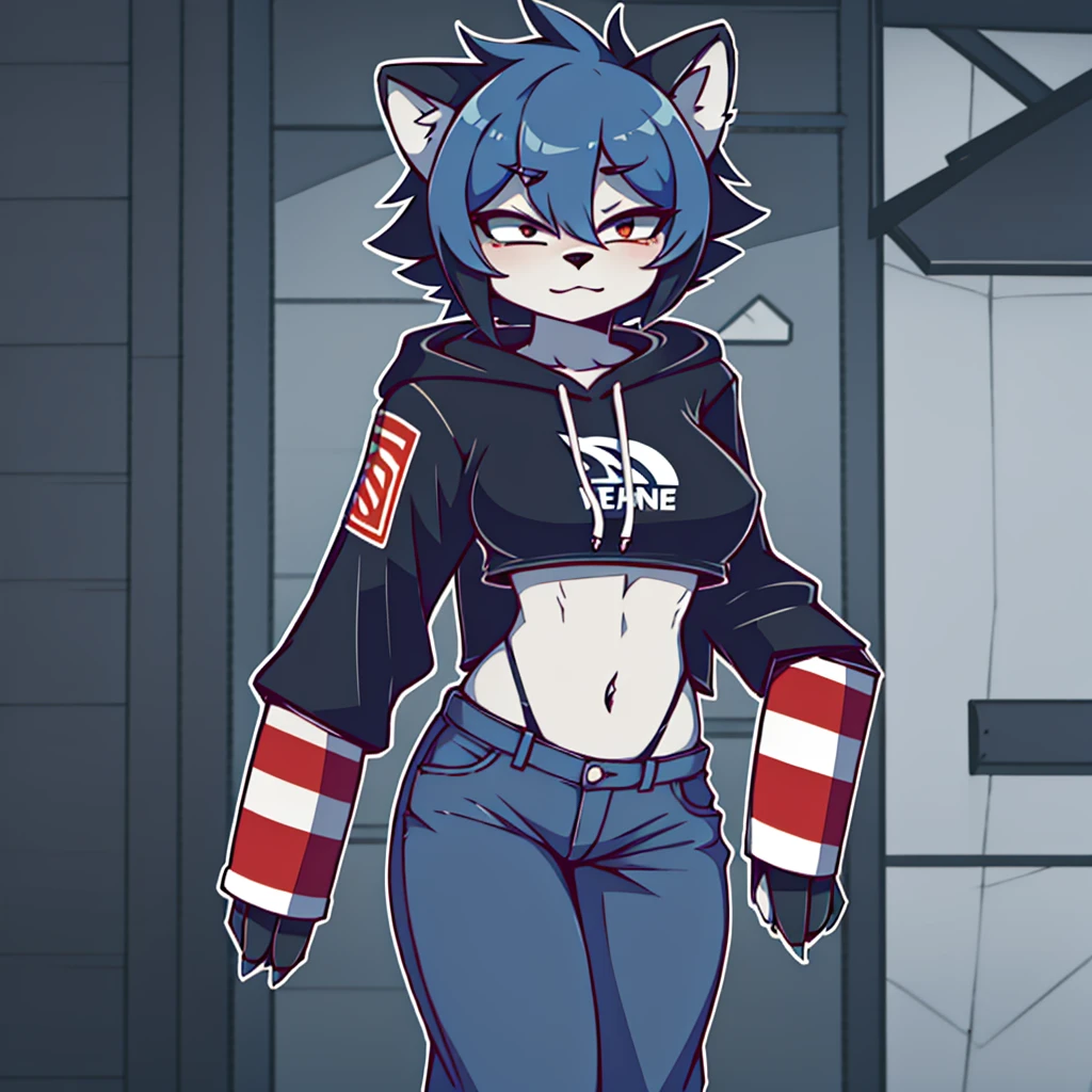 girl, raccoon, furry, breasts, fur, blue hair, hair on forehead, disheveled, red clothing, crop top, hoodie, pants, denim, six pack, solo.